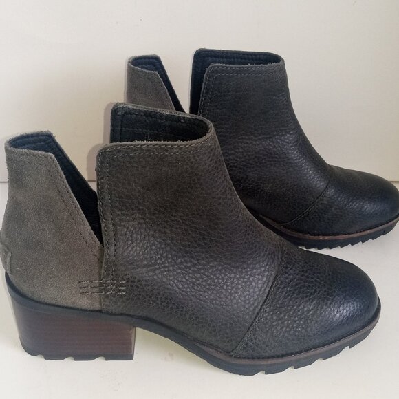 SOREL Women s 7US/38EU "Cate Cutout" Dark Gray Leather & Suede Bootie-2" Heel - Picture 1 of 12